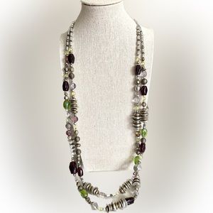 Chicos Double Strand Glass Beaded Necklace Green Purple Silver